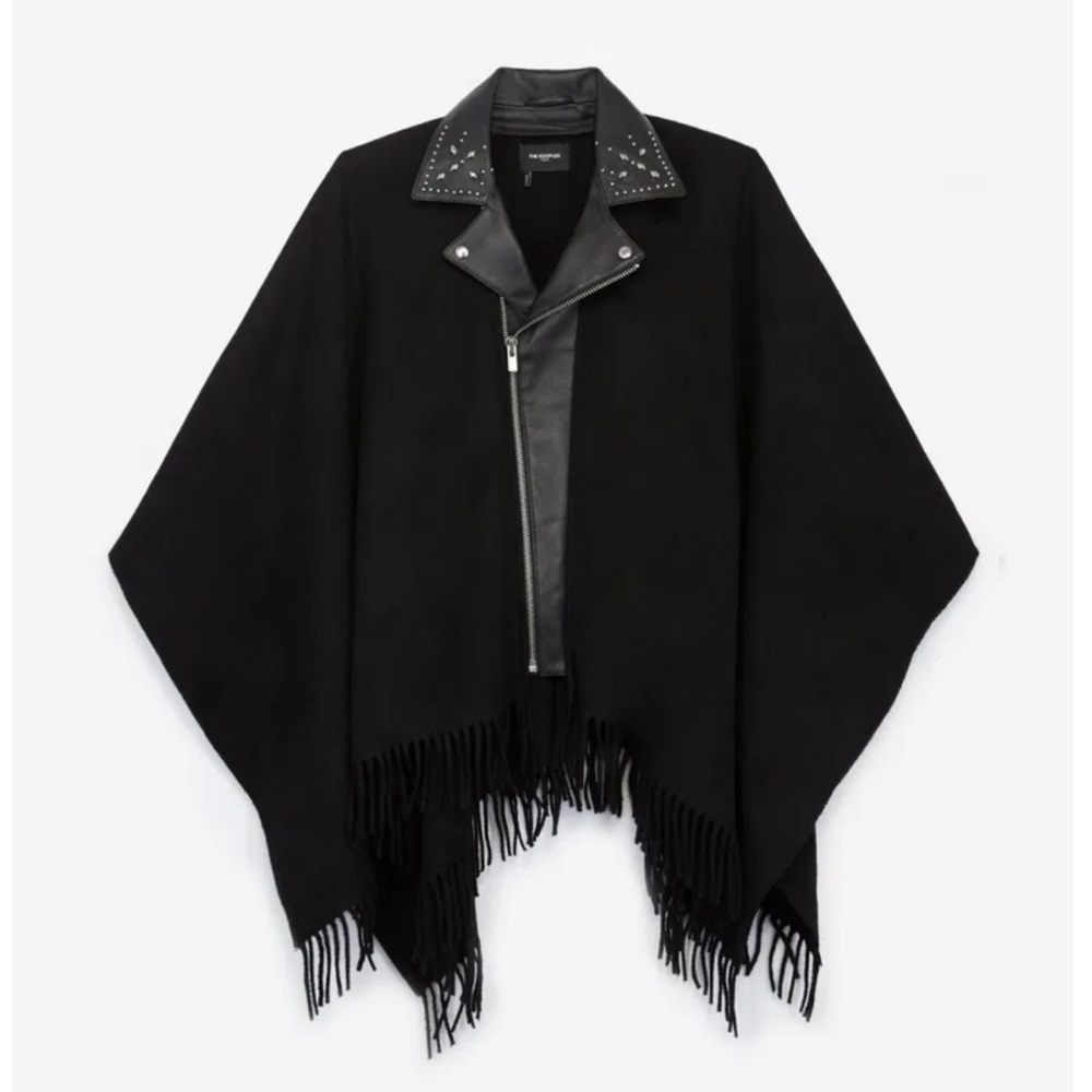 The Kooples Leather Collar Wool Blend Poncho